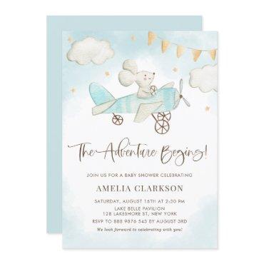 Watercolor Baby Mouse Airplane Blue