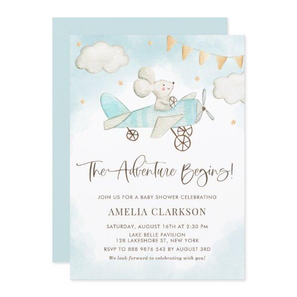 Watercolor Baby Mouse Airplane Blue