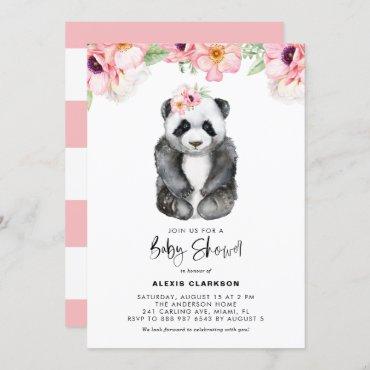 Watercolor Baby Panda Pink Anemones Baby Shower Invitation