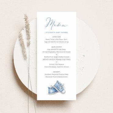 Watercolor Blue Baby Shoes It's a Boy Baby Shower Menu