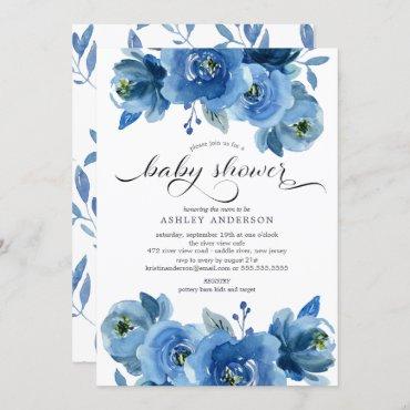 Watercolor Blue Flowers Baby Shower Invitation