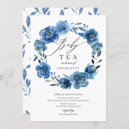 Watercolor Blue Flowers Baby Shower Tea Invitation