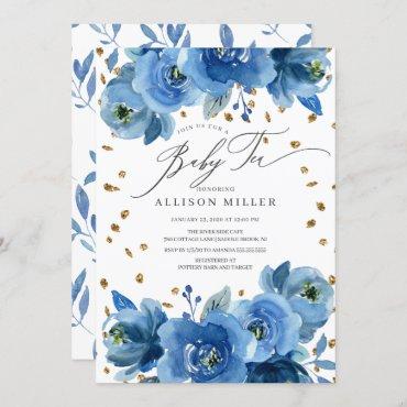Watercolor Blue Flowers Baby Shower Tea Invitation