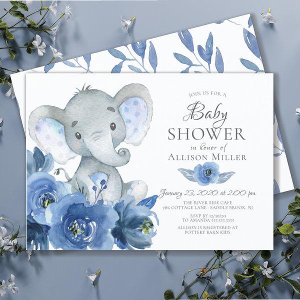 Watercolor Blue Flowers Elephant