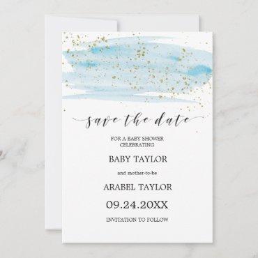 Watercolor Blue & Gold Baby Shower Save the Date