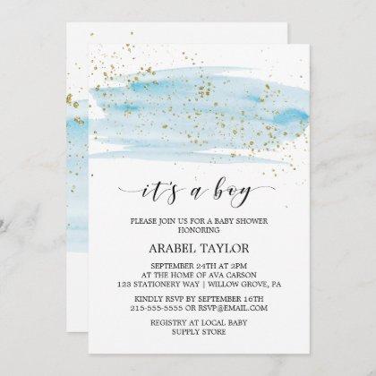 Watercolor Blue & Gold It's A Boy Baby Shower Invitation