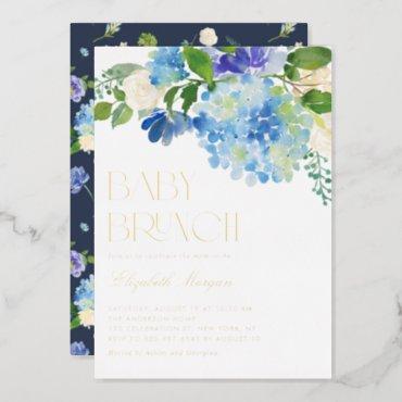 Watercolor Blue Hydrangea Baby Shower Brunch Foil Invitation