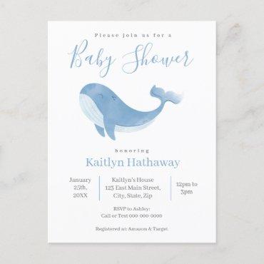 Watercolor Blue Whale Baby Shower Invitation Postcard