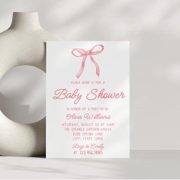 Watercolor Bow Pink Hand Written Baby Girl Shower