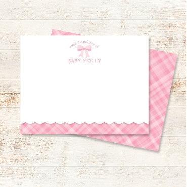 Watercolor Bow Preppy Pink Plaid Baby Note Card