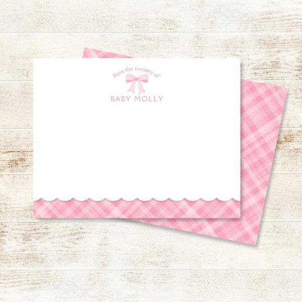 Watercolor Bow Preppy Pink Plaid Baby Note Card
