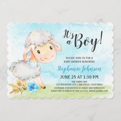 Watercolor Boy Sheep Baby Shower Farm Invitation