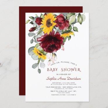 Watercolor Burgundy Sunflowers Gold Baby Shower Invitation