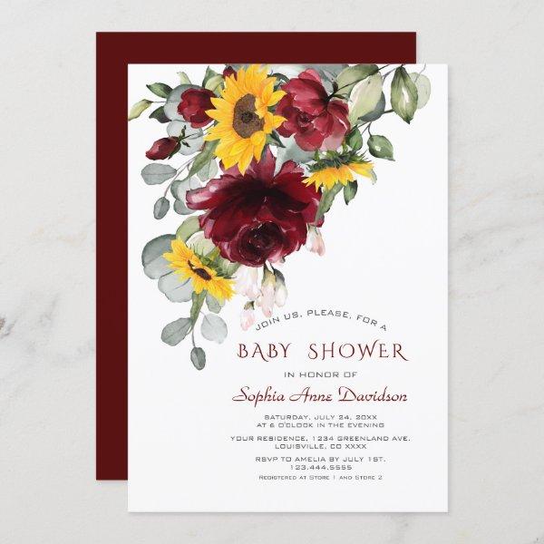 Watercolor Burgundy Sunflowers Gold