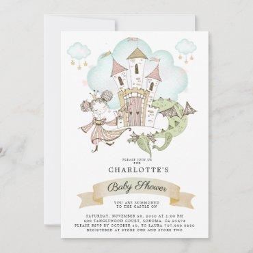 Watercolor Castle Princess Dragon Baby Shower Invitation