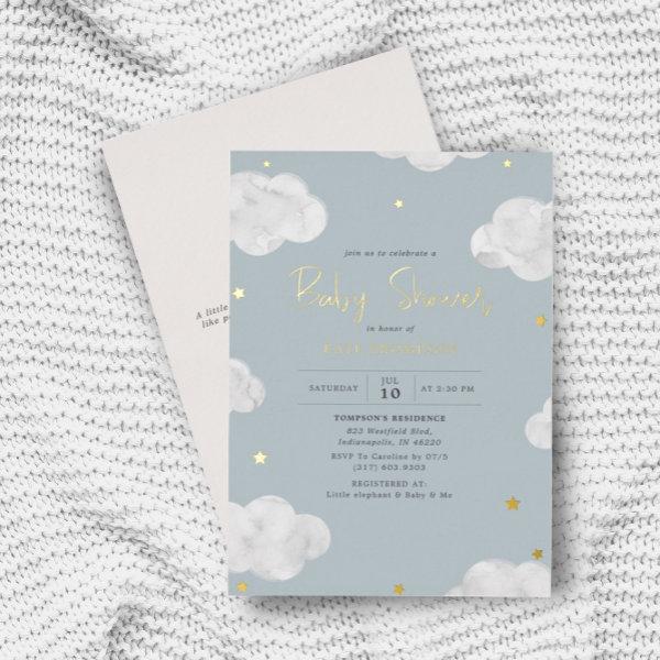 Watercolor Clouds Blue Gray Boy Baby Shower Gold Foil
