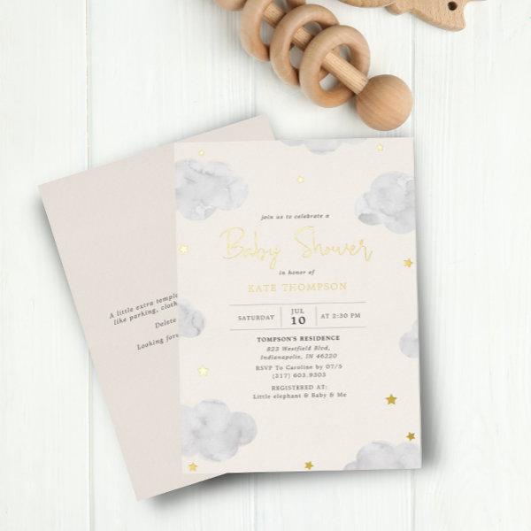 Watercolor Clouds Cream Neutral Baby Shower Gold Foil