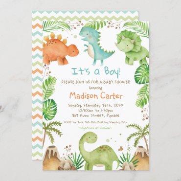 Watercolor Cute Dinosaur Greenery Boy Baby Shower Invitation