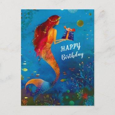 Watercolor Deep Blue Sea Glitter Mermaid Holiday Postcard