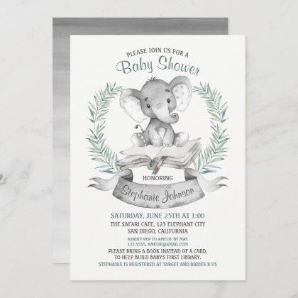 Watercolor Elephant Baby Shower Book Invitation