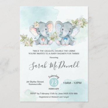 Watercolor Elephant Twins Boy Girl Baby Shower Invitation