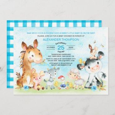 Watercolor Farm Animals Boy Baby Shower Invitation