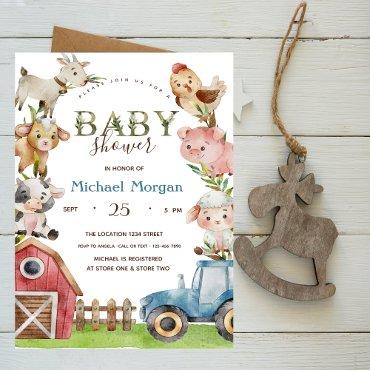 Watercolor Farm Tractor Stable Baby Shower