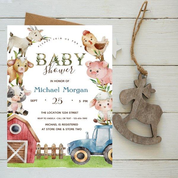 Watercolor Farm Tractor Stable Baby Shower