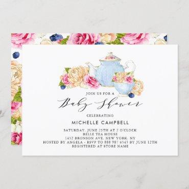 Watercolor Floral Baby Shower Tea Party Invitation