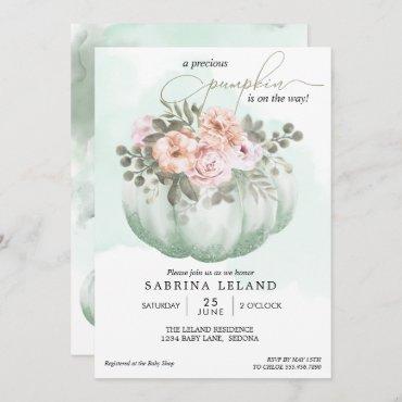 Watercolor Floral Mint Green Pumpkin Baby Shower Invitation