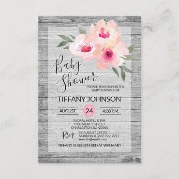 Watercolor Floral Pink Grey Rustic Baby Shower Invitation