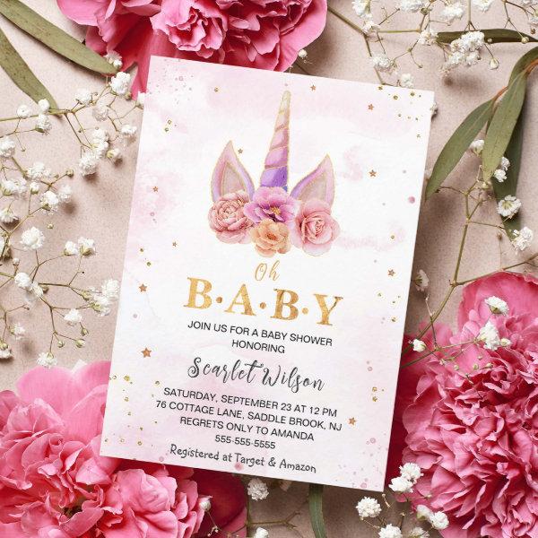 Watercolor Floral Unicorn Horn Baby Shower Invitat
