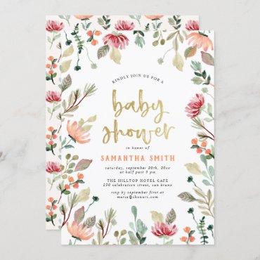 Watercolor Flowers & Gold Lettering Baby Shower Invitation