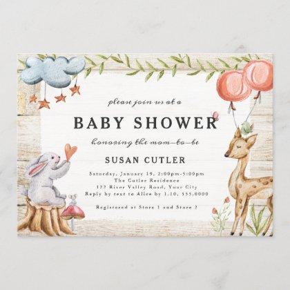 Watercolor Forest Animals, Light Wood Baby Shower Invitation