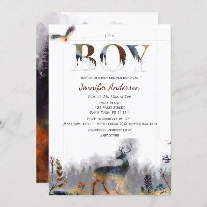 Watercolor Forest Boy Country Deer Baby Shower Invitation