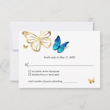 Watercolor Gold Navy Blue Butterfly Rustic Wedding RSVP Card