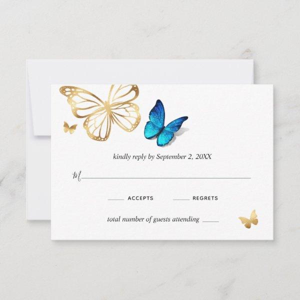 Watercolor Gold Navy Blue Butterfly Rustic Wedding RSVP Card