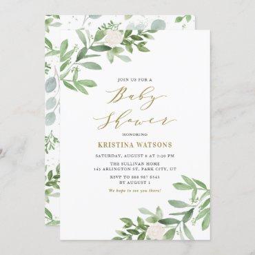 Watercolor Greenery and White Flowers Baby Shower Invitation