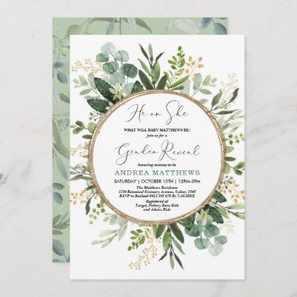 Watercolor Greenery Gold Gender Reveal Baby Shower Invitation