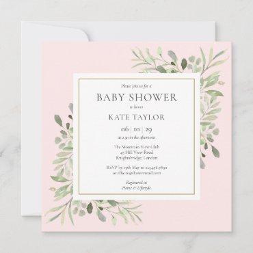 Watercolor Greenery Pink Girl Baby Shower Invitation