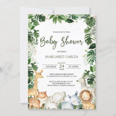 Watercolor Greenery Safari Animals Boy Baby Shower Invitation