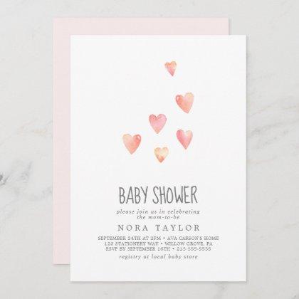 Watercolor Hearts Girl Baby Shower Invitation