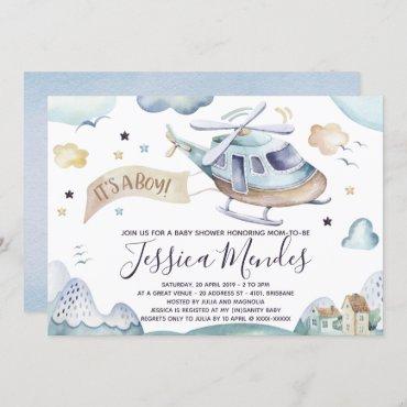 Watercolor Helicopter Baby Boy Shower