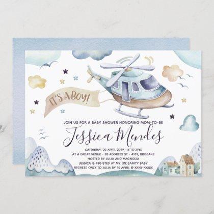 Watercolor Helicopter Baby Boy Shower Invitation