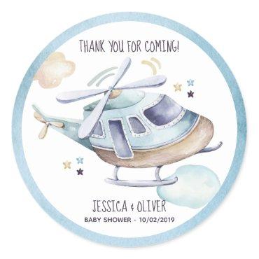 Watercolor Helicopter Party Blue Classic Round Sticker
