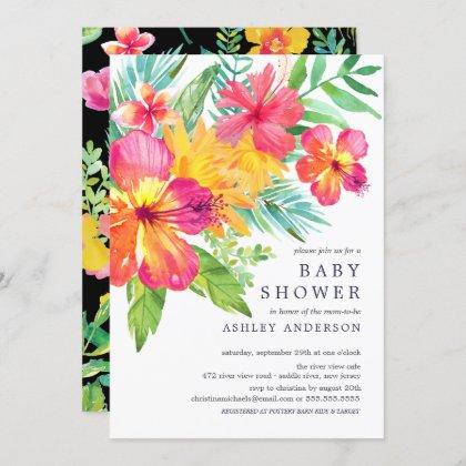 Watercolor Hibiscus Flowers Tropical Baby Shower Invitation