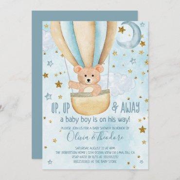 Watercolor Hot Air Balloon Bear Boy Baby Shower In Invitation