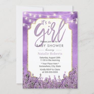 Watercolor Lavender String Lights Girl Baby Shower Invitation