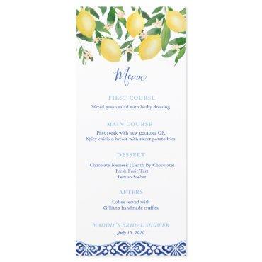 Watercolor Lemons Blue White Tiles Boy Baby Shower Menu