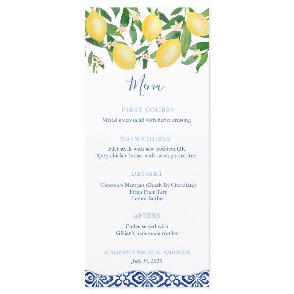 Watercolor Lemons Blue White Tiles Boy Baby Shower Menu